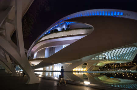 7 November, 2013, Valencia, Spain.  The Opera house at Palau de les Arts Reina Sofia, at night, as it appeared just under 3 months before the removal of the ceramic mosaic facade and replacement with paint.  The tiles began to fall off in high  winds, proのeditorial素材