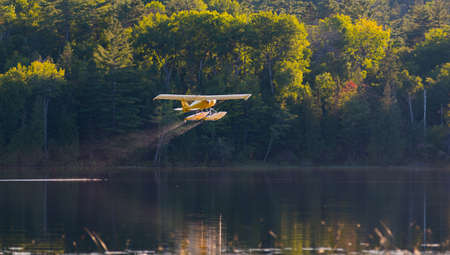 Small yellow airplane on pontoons takes off from an Eastern Ontario lake on a summer's evening.