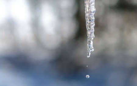 Abstract nature background, natural icicle formations, clear & sparkly lighted by direct sunlight, reflections through glass, dripping water droplets captured as they fall.の写真素材