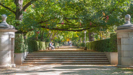 Madrid, Spain, November 9th, 2013:   Tourism in Spain.  Elderly couples enjoy visit to Retiro Park in the city's core.  Couple sit on a bench, plot their visit while another walk along green corridors.のeditorial素材