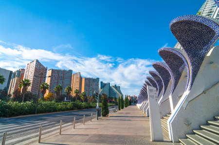 Cityscape and skyline in Valencia city.  Sidewalk beside blue bonneted entrance staircases that lead to the Arts Center.のeditorial素材
