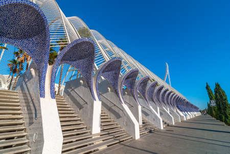 Cityscape and skyline in Valencia city.  Sidewalk beside blue bonneted entrance staircases that lead to the Arts Center.のeditorial素材