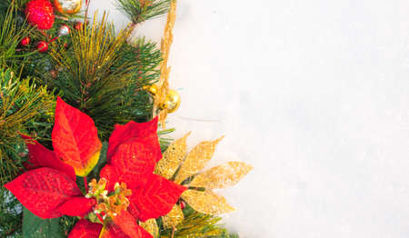 Christmas holiday faux poinsettia pine wreath adorned with gold leaf ribbon, Christmas balls and holly, resting on natural snow with white copy space.の写真素材
