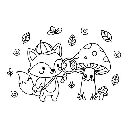 Fox detective exploring the forest with a magnifying glass and friendly mushroom. Black-and-white line art perfect for preschool coloring books, educational worksheets, and creative DIY crafts.のイラスト素材
