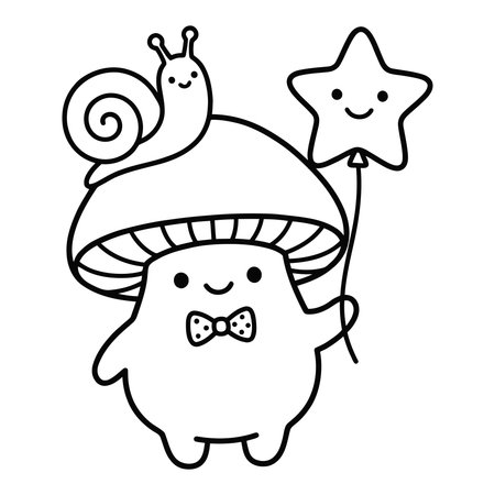 mushroom character wearing a bowtie, holding a star balloon with a smiling snail friend. Perfect for preschool coloring books, educational worksheets, and creative kids activities.のイラスト素材