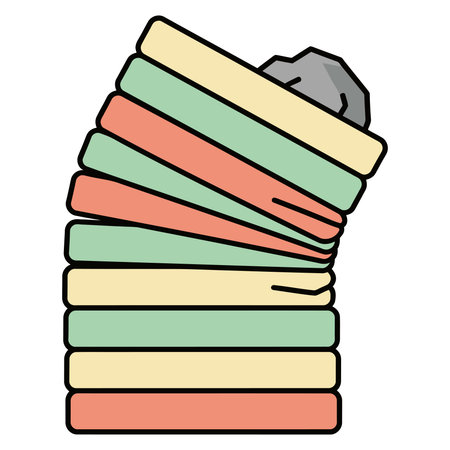 Isolated flat vector illustration of a tall stack of colorful folded laundry with a hidden heavy rock inside. A symbolic metaphor for overwhelming household chores, mental burden, and daily stress.のイラスト素材