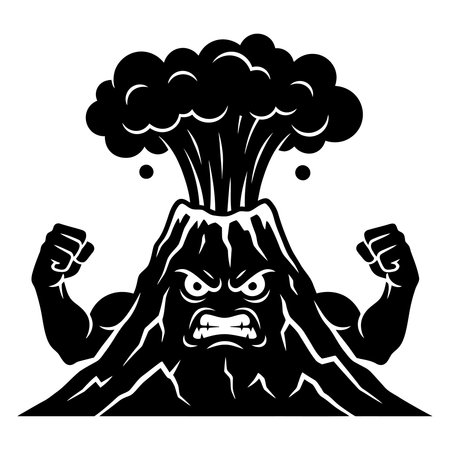Angry volcano mascot  featuring a powerful erupting mountain character with a fierce face, muscular arms, clenched fists, and smoke bursts, ideal for sports logos, gaming brands, fitness apparel, and stickersのイラスト素材