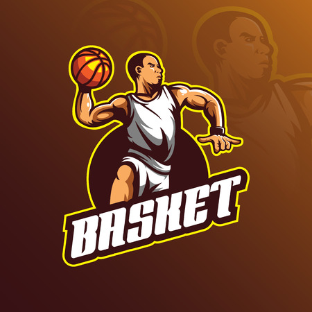 basketball vector logo design mascot with modern illustration concept style for badge, emblem and tshirt printing. basketball play illustration with a jumping style.のイラスト素材
