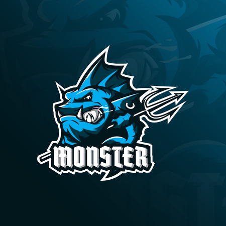 monster fish mascot logo design vector with modern illustration concept style for badge, emblem and tshirt printing. angry fish illustration with a spear in hand.のイラスト素材