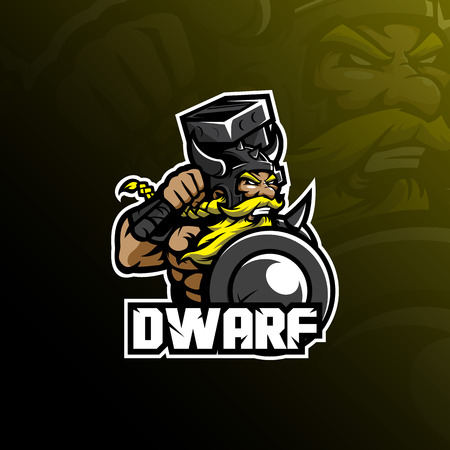 dwarf mascot logo design vector with modern illustration concept style for badge, emblem and tshirt printing. angry dwarf illustration with shield and hammer.のイラスト素材