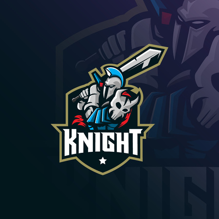 knight mascot logo design vector with modern illustration concept style for badge, emblem and tshirt printing. knight illustration with sword.のイラスト素材