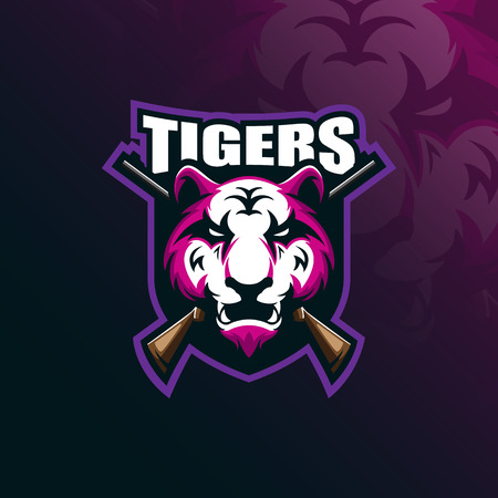 tiger mascot logo design vector with modern illustration concept style for badge, emblem and tshirt printing. angry tiger illustration with badge and shotgun.のイラスト素材