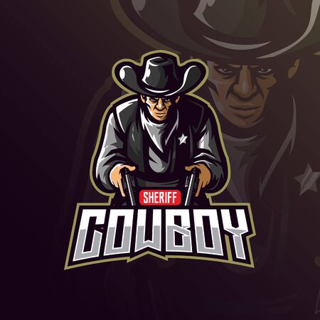 cowboy mascot design vector with modern illustration concept style for badge, emblem and tshirt printing. angry coboy illustration with gun in hand.のイラスト素材