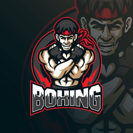 boxing mascot logo design vector with modern illustration concept style for badge, emblem and tshirt printing. boxing illustration for sport team.のイラスト素材