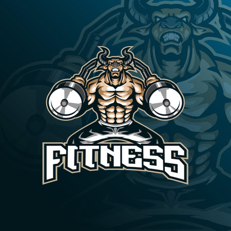 fitness mascot logo design vector with modern illustration concept style for badge, emblem and t shirt printing. bull fitness illustration for sport team.のイラスト素材