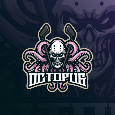 octopus mascot logo design vector with modern illustration concept style for badge, emblem and t shirt printing. octopus hockey illustration with stick in hand.のイラスト素材