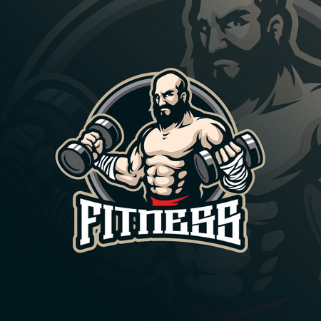 Fitness mascot logo design vector with modern illustration concept style for badge, emblem and t shirt printing. Men fitness illustration with barbell in hand.のイラスト素材