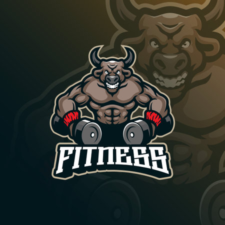 Fitness mascot logo design vector with modern illustration concept style for badge, emblem and t shirt printing. Bull fitness illustration.のイラスト素材