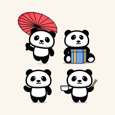 Set of cute cartoon panda flat. Animal character design.のイラスト素材
