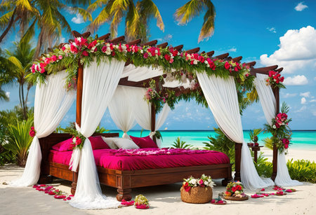 Beautiful wedding arch decorated with flowers on tropical beach, Maldivesの素材