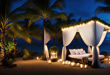 Bed on the beach at night with palm trees and candles. 3d renderingの素材