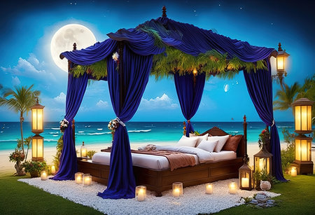 Bedroom on the beach at night with blue curtains and lanternsの素材