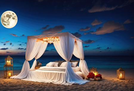 Romantic bed on the beach at night. 3D rendering.の素材
