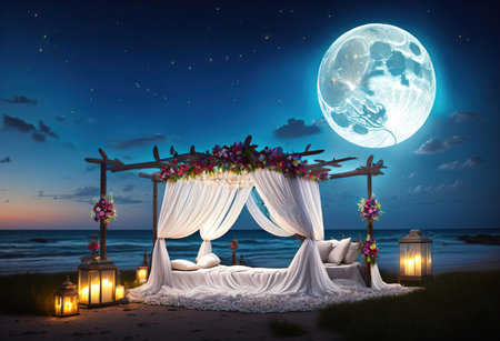 Wedding ceremony on the beach at night. 3D renderingの素材