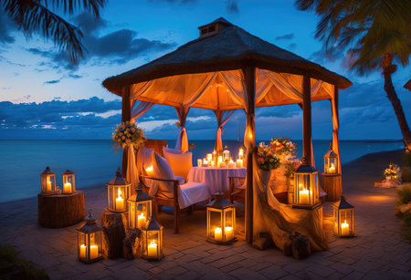 Romantic dinner on the beach at night. Wedding ceremony on the beachの素材