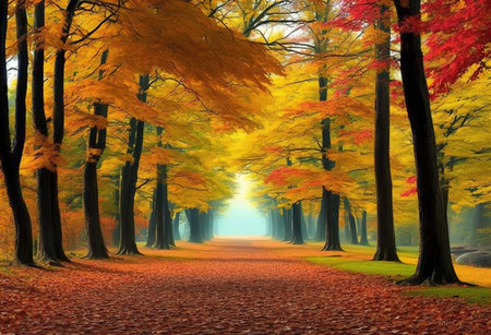 Beautiful autumn forest with a path in the middle of the forestの素材