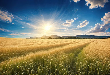 Beautiful summer landscape with golden wheat field and blue sky with cloudsの素材
