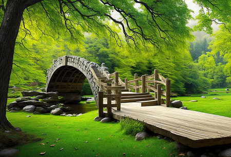 Wooden bridge over river in green forest. 3D rendering.の素材