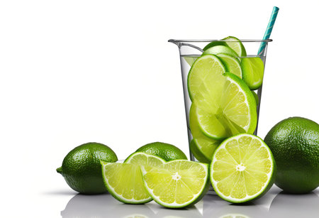 Glass of fresh mojito cocktail with lime slices isolated on white backgroundの素材