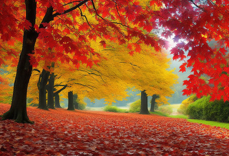Autumn landscape with trees and colorful leaves. 3d render.の素材