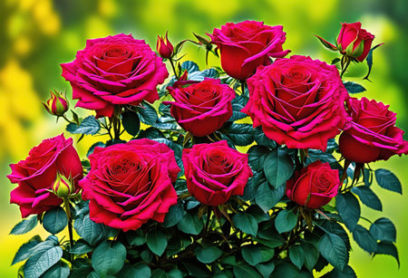 Bouquet of beautiful red roses on a green background. Nature.の素材