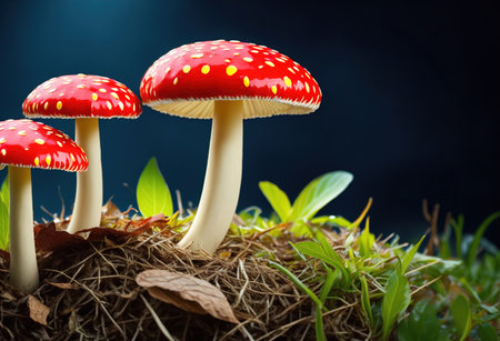 Red fly agaric mushrooms growing in moss on dark blue backgroundの素材