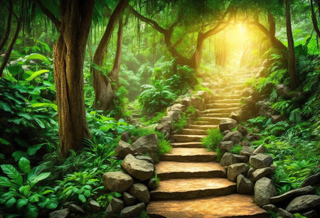 Stairway in the green forest with sunlight. 3d renderingの素材