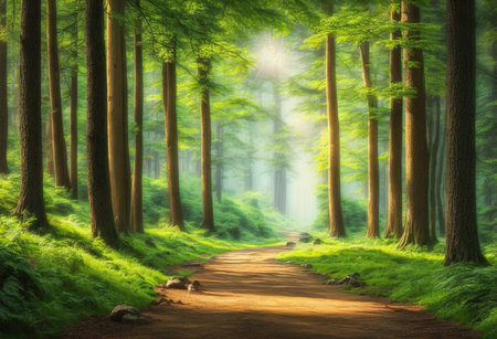 Beautiful green forest with sunbeams and rays of light.の素材