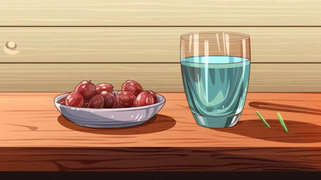 Illustration of a glass of water and a bowl of dates.の素材