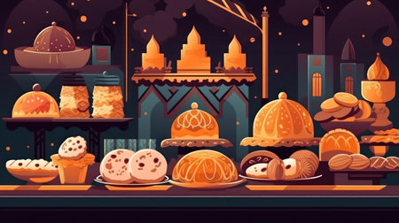 Bakery shop. Bakery shop with cakes, donuts and pastries. Vector illustrationの素材