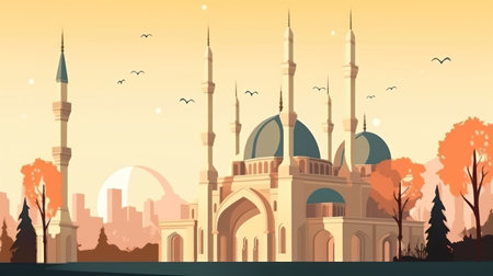 Mosque in the city at sunset. Flat design vector illustration.の素材