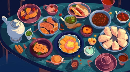 Top view of traditional indian breakfast table with food and drinks, vector illustrationの素材