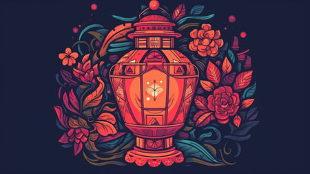 Lantern hand drawn cartoon doodle illustration. Funny vector background.の素材