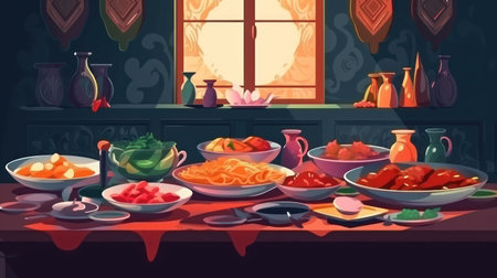 Cartoon vector illustration of traditional Italian dinner with meatballs, pasta, vegetables and sauceの素材