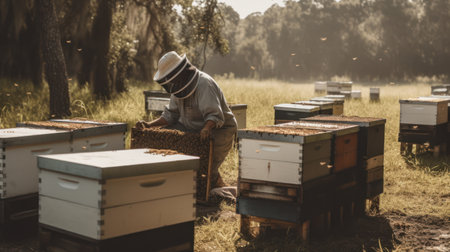 Beekeeper working in the apiary. Beekeeper at work.の素材