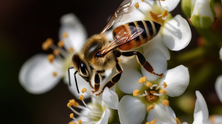 Macro shot of a honey bee on a white flower blossomの素材