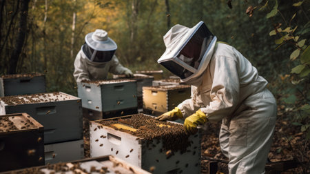 Two beekeepers working on a honeycomb in an apiary.の素材
