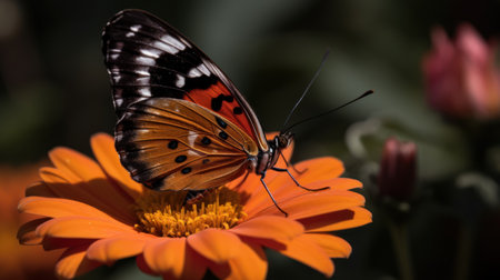 Butterfly on orange zinnia flower in the garden.の素材