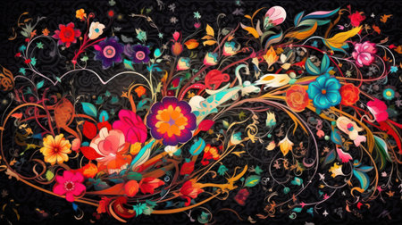 abstract floral background with colorful flowers on a black background, illustrationの素材