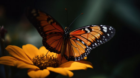 Butterfly on yellow flower in the garden. Selective focus.の素材